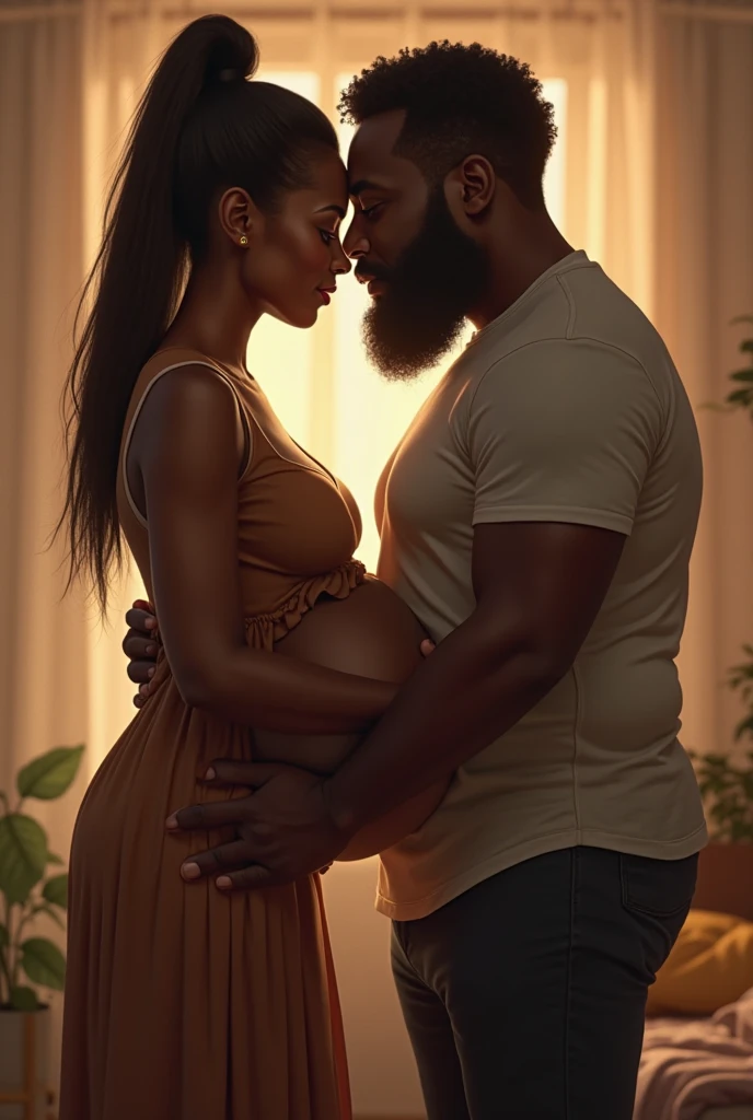full body, top-quality, masterpiece, (((40 years ugly black man and 22 years old bightly smile korean girl couples facing each other))), korean Girl sitting on the bed, (40 years old black man hugging young girl) , big breasts, girl wear thick grey maxi knit camisole dress, A pregnant girl with a big belly, (big breasts:1.1), in the house, correct hands, (((40 years old black man wearing white shirt and dark black skin))), (((((40 years old black man touching a pregnant young girl's stomach and laughing)))), (((young girl hugging 40 years old black man))),