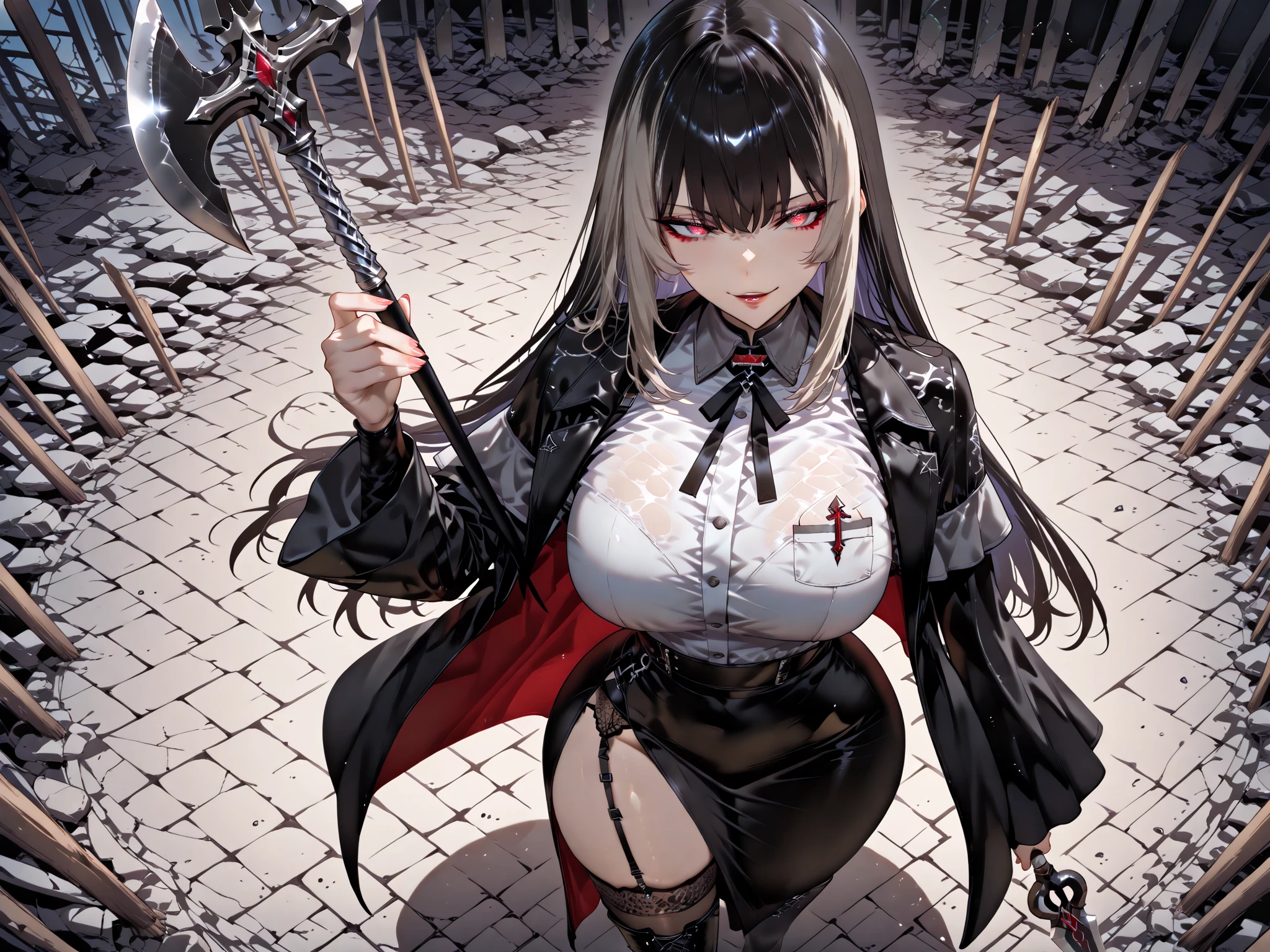 lulusuzuhara, lulu suzuhara, (cowboy shot:1.4), blue eyes, brown hair, hair ornament, hair over one eye, hair ribbon, ((huge breasts, curvy, gigantic breasts, gigantic sagging breasts)), ((crazy smile, evil grin, blood, blood splatter, blood on clothes, blood stain)),
BREAK edgBB, (holding great sword, Chainsword:1.8),
black gloves, belt, coat, torn clothes, capelet, gauntlets,arms at sides, vambraces, black capelet, tricorn, hunter (bloodborne),
woman wearing edgBB_outfit,
BREAK looking at viewer,
BREAK (masterpiece:1.2), best quality, high resolution, unity 8k wallpaper, (illustration:0.8), (beautiful detailed eyes:1.6), extremely detailed face, perfect lighting, extremely detailed CG, (perfect hands, perfect anatomy),