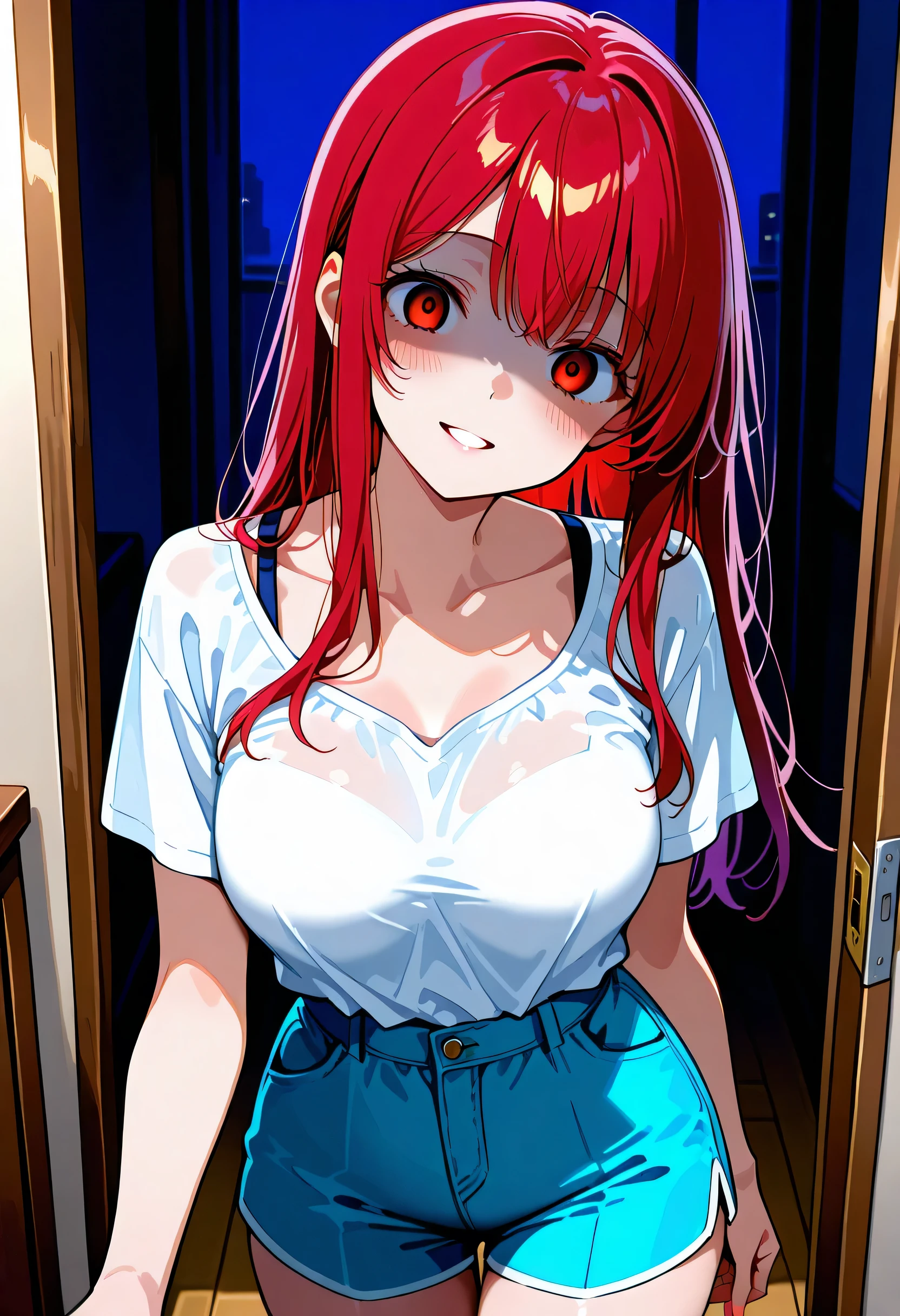 red hair,long hair,medium breasts,medium ass,casual clothing,yandere,yandere,(shaded face:0.7),(empty eyes:0.7),head tilt,looking at pov