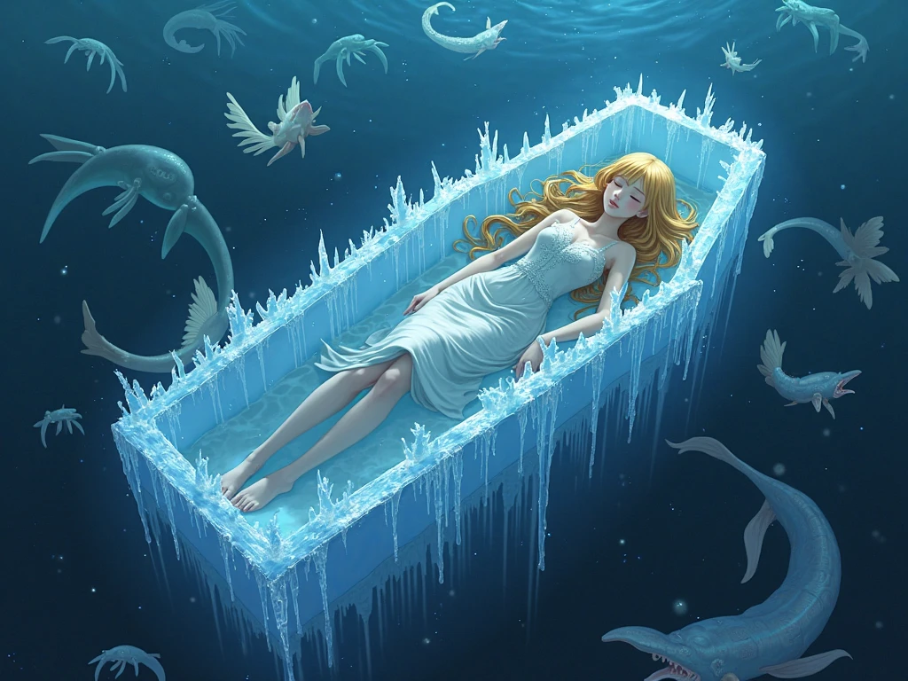 A light-skinned girl lying on her side centered and straight horizontally. the girl is on top of a smooth stone, inside a cave sunk in water, around has some stalactites. dark and conceptual climate.