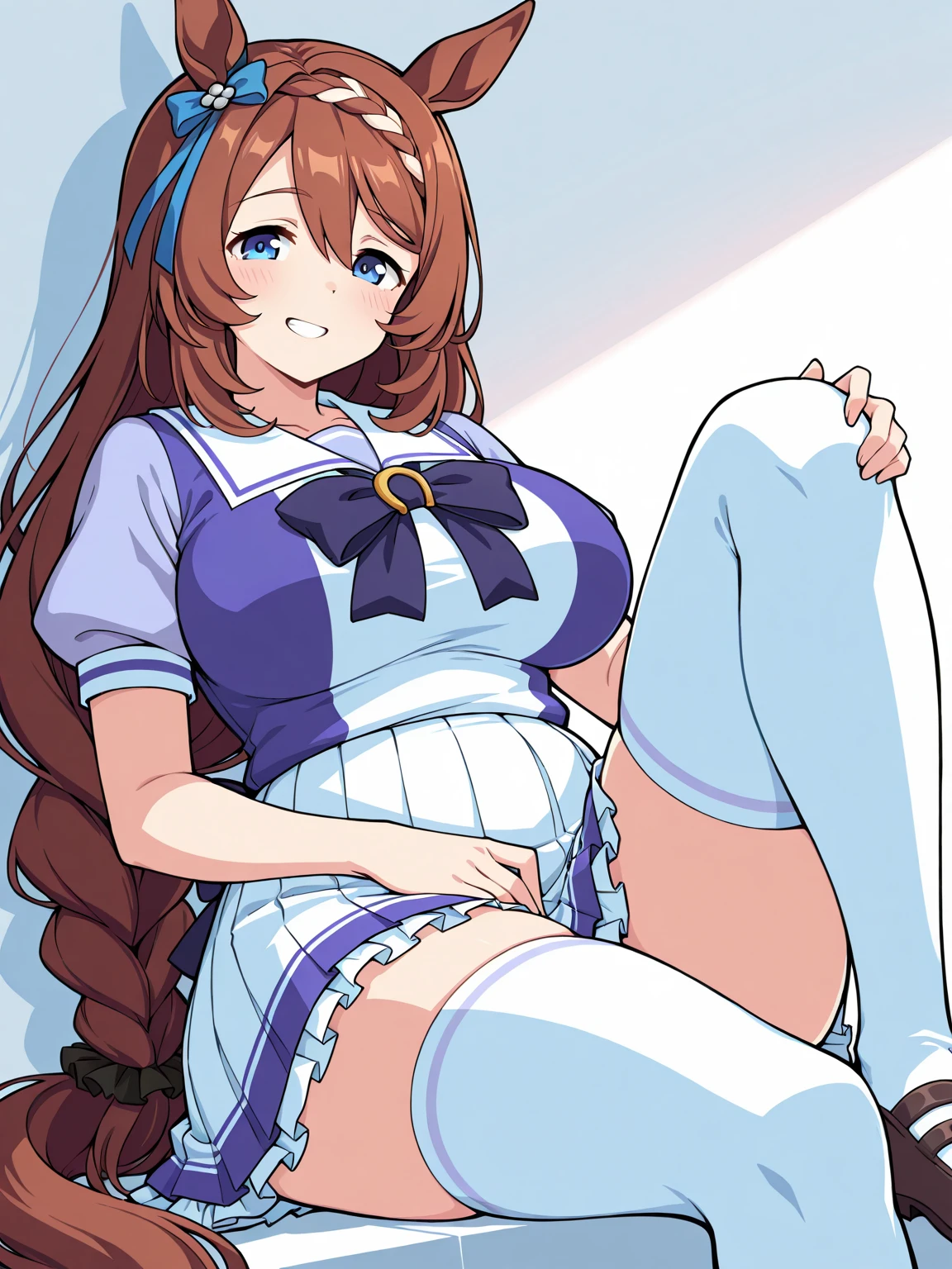 Sailor suit style leotard、Sailor Moon Costumes、Blue pleated skirt、Colossal tits、Voluptuous body、crotch accentuation、lie down with your legs open、Bedrooms、Nasty smile、Full body like、White long boots、white glove、Costumes that look sweaty、full of sweat、Open your mouth round