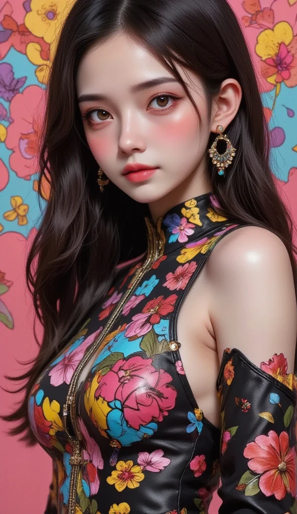 Create a digital art work in pop art style, cinematic color scheme, surrounded by vintage flowers patterns, energtic brushstrokes,the mood should be dynamic, upper body, drawing, illustration, grayscale, tropical, adubon fruits, adubon plants, many flowers, vector, painting oil, asian girl