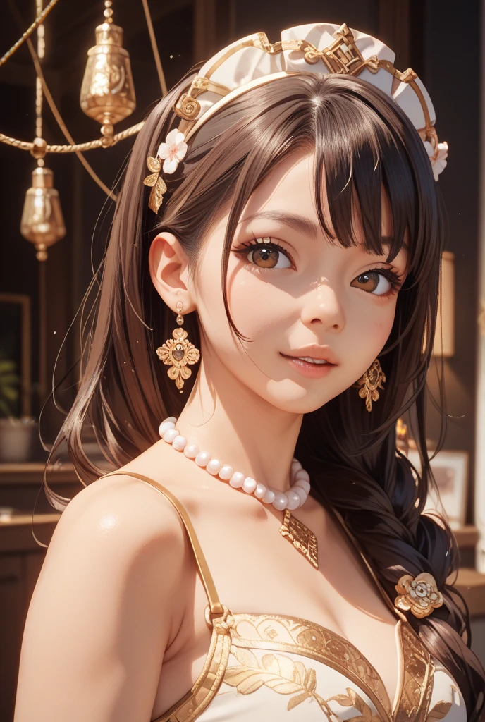 Brunette hair, hair bubbles, cringe, long eyelashes, solid round eyes, light smile, ear blush, fangs, top knot, blush, surrealism, shadow, relief, diorama image, tachi-e, pov, atmospheric perspective, depth of field, depth of field, close up, super detail, ccurate, best quality, 4K