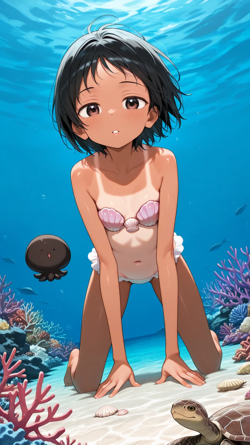 anime girl sitting on a rock with fish and seaweed, in the sea, in the ocean, standing under the sea, colored sketch, detailed fanart, [ digital art ]!!, sitting in her throne underwater, loish art style, under the sea, official fanart, lowres, in a sea, chihiro! fujisaki, anime artstyle