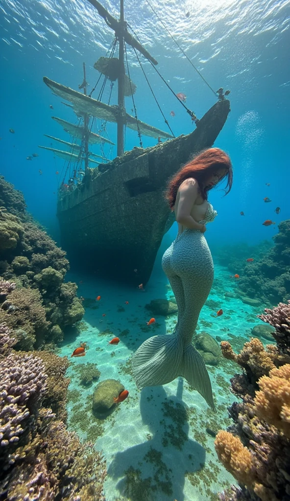 Gorgeous and sultry busty athletic (thin, long legs) brunette ((mermaid)) with sharp facial features and an athletic bun, naked. Detailed background, ocean, battleship, sea. ((Hand bra))