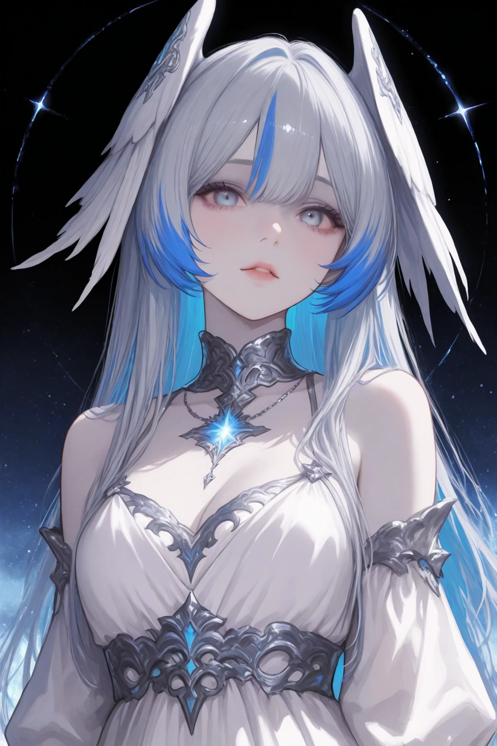A stunning neo-Victorian cosmic cannibal, her ethereal beauty contrasting with the macabre nature of her existence: porcelain skin adorned with delicate lace, opalescent eyes glazed with hunger, and tendrils of swirling galaxies woven into her flowing midnight hair. This intricate portrait is a mesmerizing gouache painting, meticulously detailed and expertly rendered, capturing every nuanced feature with breathtaking precision. The juxtaposition of elegance and horror is masterfully portrayed, inviting viewers to delve into the haunting narrative of a celestial being consumed by her own darkness.