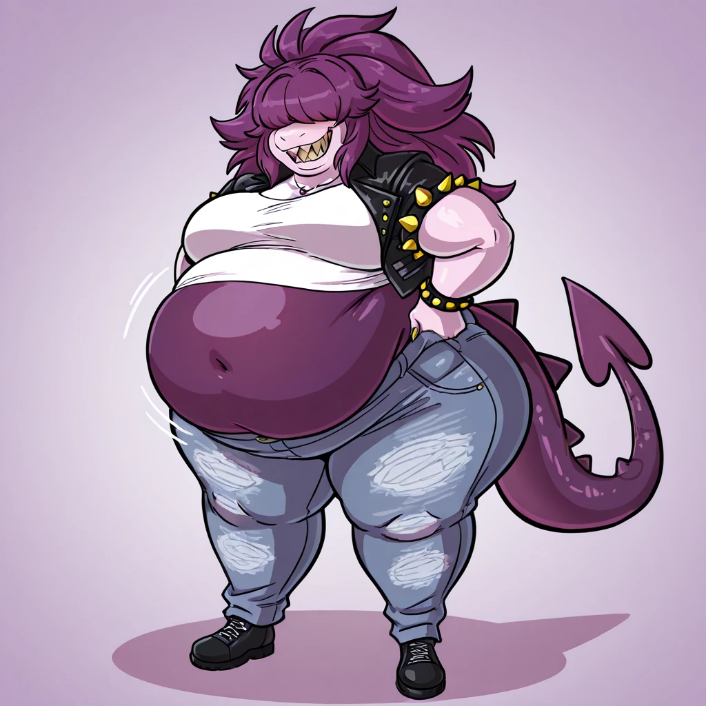 (solo) female anthro Lamia, long fluffy hair, fluffy hair, Lamia, (big breasts:1.9), attractive,turtleneck sweater, turtleneck, Lamia body, Lamia tail, thicc, freckles, freckles on face, smug eyes, (happy expression , moaning with open mouth and tongue out), she is standing, violet background, simple background, (thick thighs:1.5)