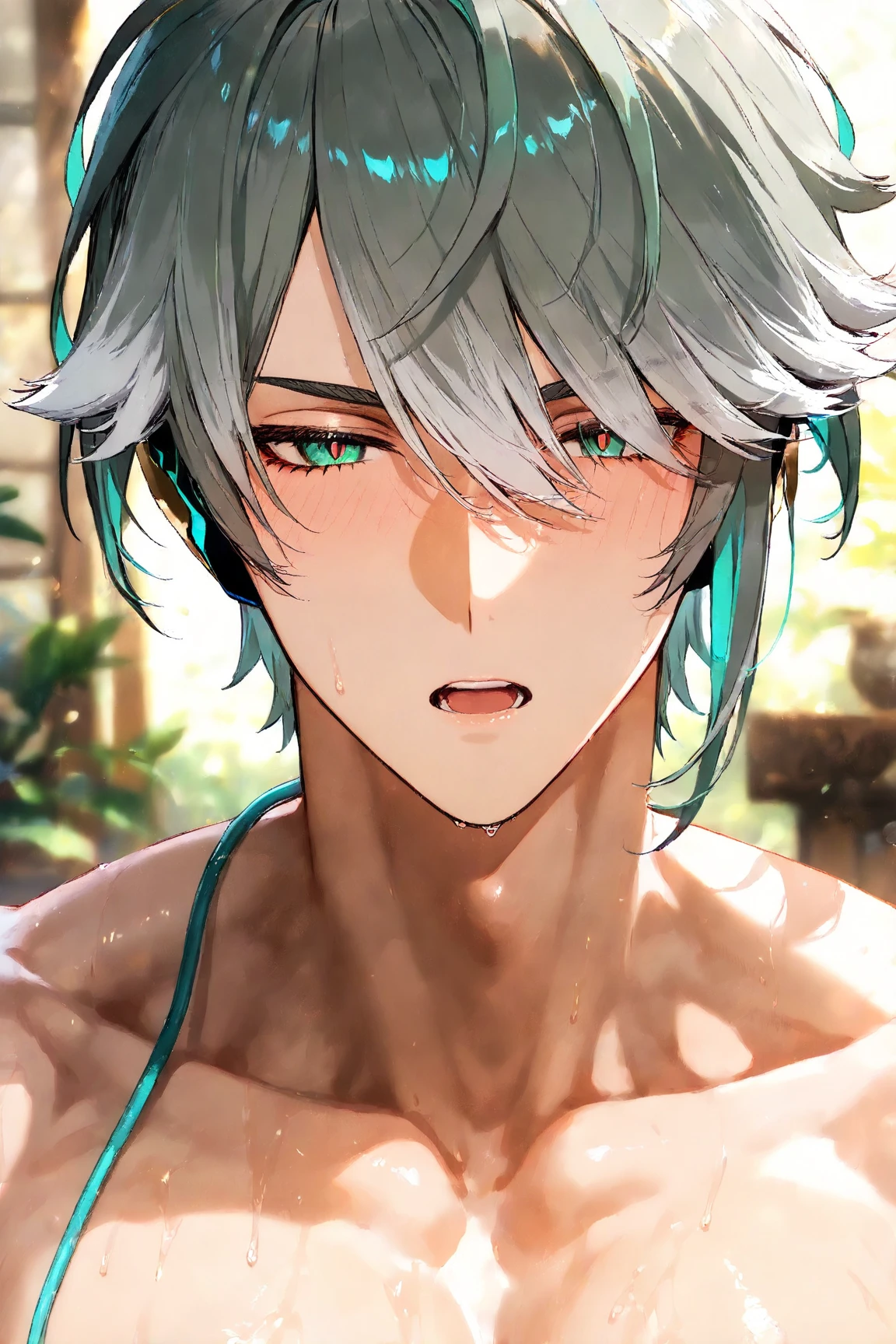 absurdres, highres, ultra detailed, HDR) master piece, best quality, Alhaitham, gray hair, expressive blue eyes, genshin impact, solo, sexy man, handsome, toned chest, topless, sensual, black tight shorts, sea, beach, sunset, lying on the sand
