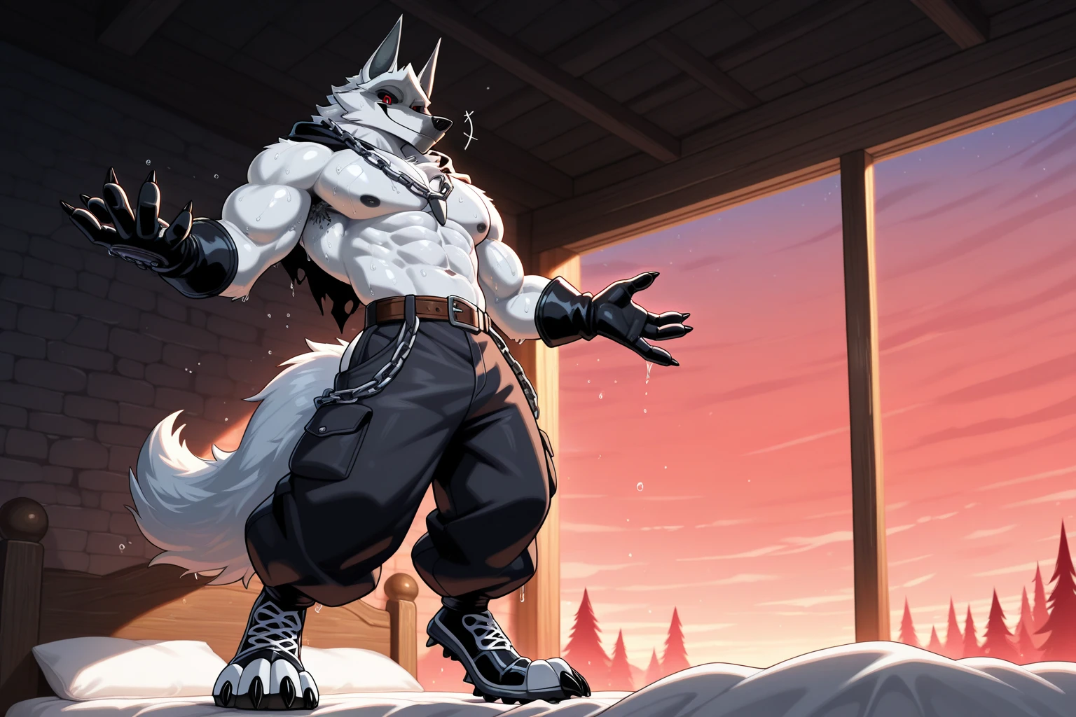 adult male, anthro wolf, nude, dat ass, big butt, looking at viewer, looking back at viewer, grin, arrogant expression, blue body, blue fur, black lips, yellow sclera, red scarf, hand on hip, athletic male,