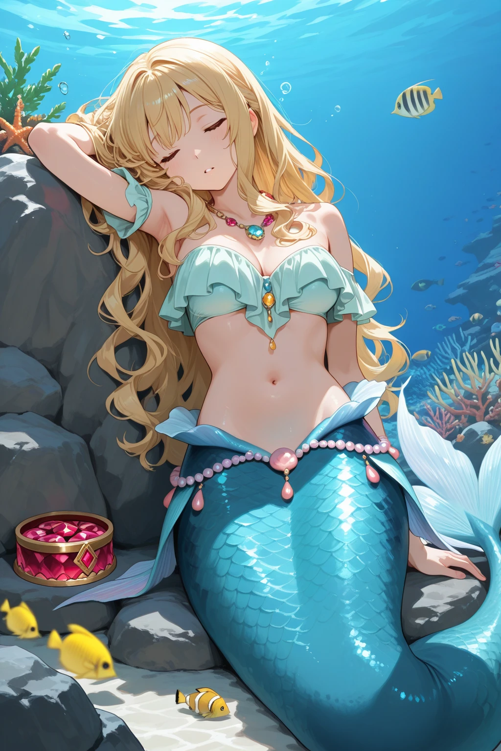 4k,High resolution,one woman,mermaid,blue scales,blonde,long hair,Braid,green eyes,big breasts,The Little Mermaid,seashell bra,Princess Tiara,large amount of jewelry decoration,A large amount of pearl decoration,In the sea,Undersea Temple