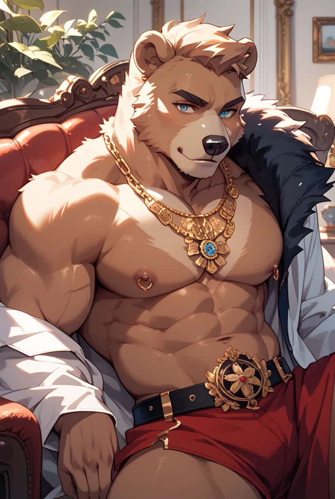 Solo, male (((retriever, muscular, white fur, white body, white fur, black eyebrows, black nose, blue eyes, folded ears, flustered expression, blush, ear piercing, ear ring, golden collar, gold cuffs, thin waist, underwear, big bulge))) standing, 5 fingers, tribal tent ((focus eyes, focus pupils, focus white body, focus white fur, focus 5 fingers, focus golden collar, focus underwear)) full body, perfect anatomy, adult character, by darkgem, by mystikfox61, by glitter trap boy