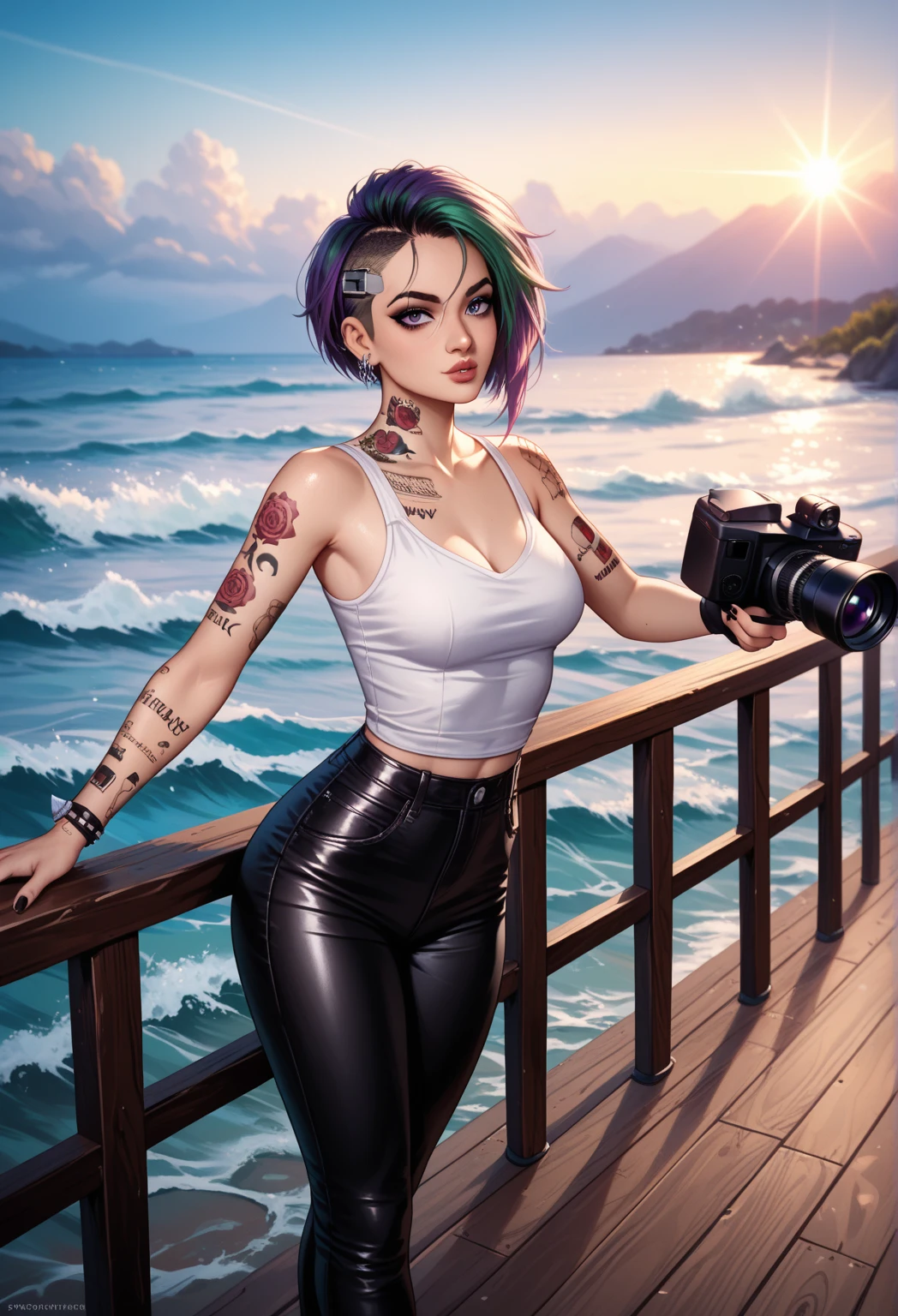 (best quality,4k,8k,highres,masterpiece:1.2),ultra-detailed,(realistic,photorealistic,photo-realistic:1.37),arcane,jinx,league of legends,praia,lying on a towel,alone,sunglasses,beautiful face,detailed skin,realistic hair,perfect texture,full body side view,portraits,vivid colors,soft sunlight, sorriso leve