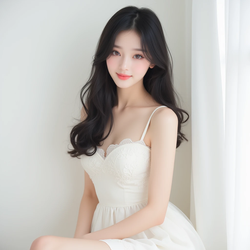 14_year_Old_transgender_Girl, White_Lace_dress, White_Tights, Male_The genitals, exposed_The genitals, exposed__under below_The_dress, Long_Hair, Wavy_Hair, Photorealistic