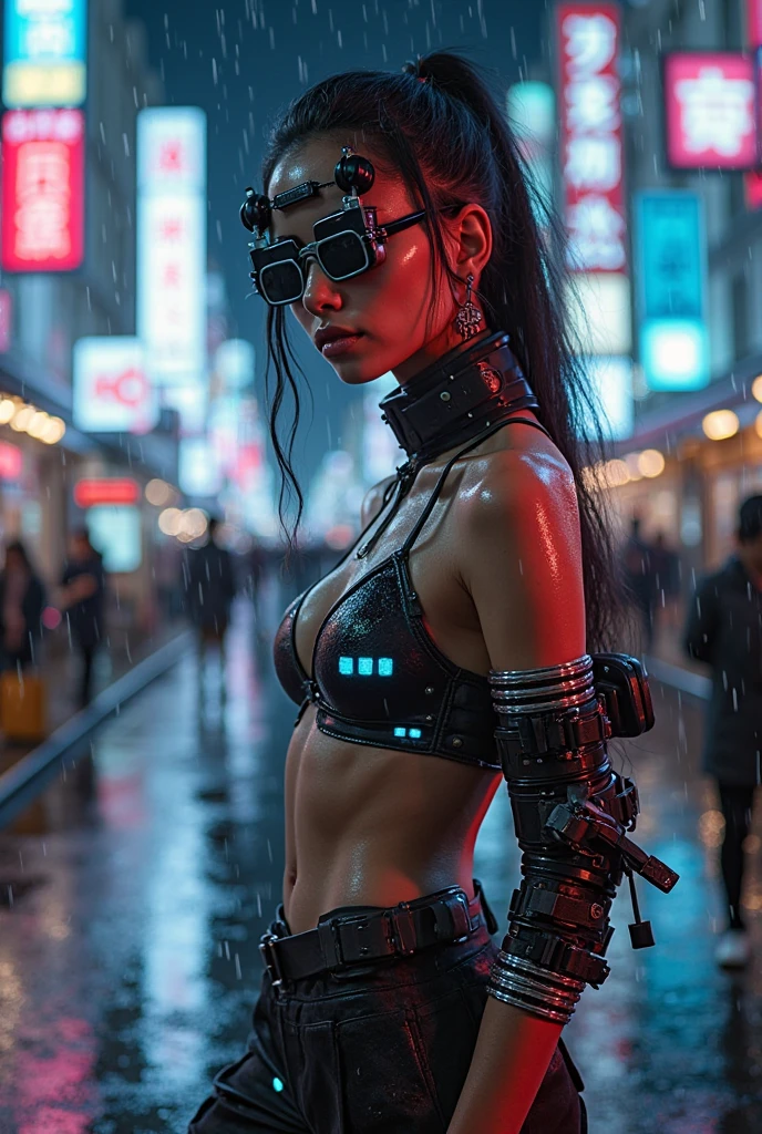 ((Best quality)), ((masterpiece)), (highly detailed:1.3), 3D, beautiful (cyberpunk:1.3) street samurai woman with thick shapeless hair, pistols worn on hips, cinematic lighting, depth of field, night scene, without facemask.