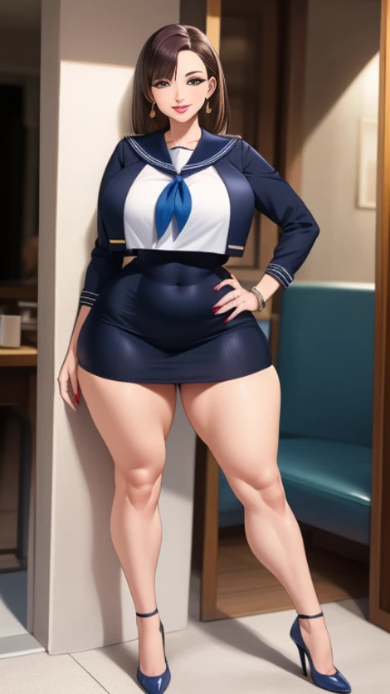 White hair , short hair, pinched eyes, (big-:1.5), Thin legs, thin body, leather collar, Maid outfit victorian, dynamic pose, full body, view from below, wide hips, kneel on the sheet in bed
