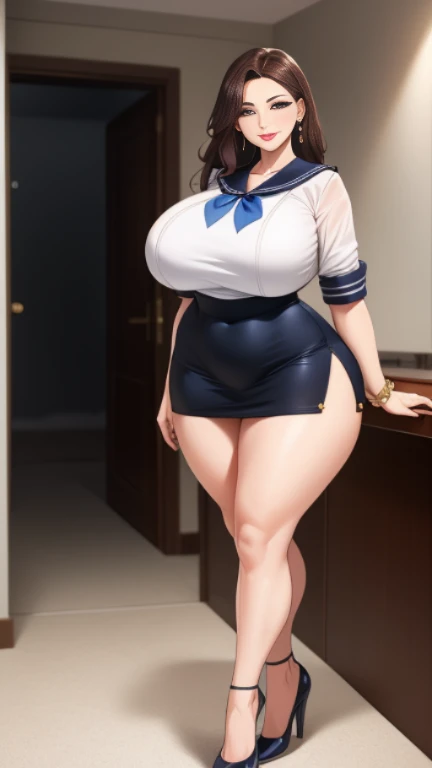 Big Breasts, Big Hips, Full Body Shot, Mature mother, Voluptuous thighs, A cow, Seductive mature woman, Perfect body, Plus Size Model, Sailor suit, Wearing high heels,Miniskirt Uniform,