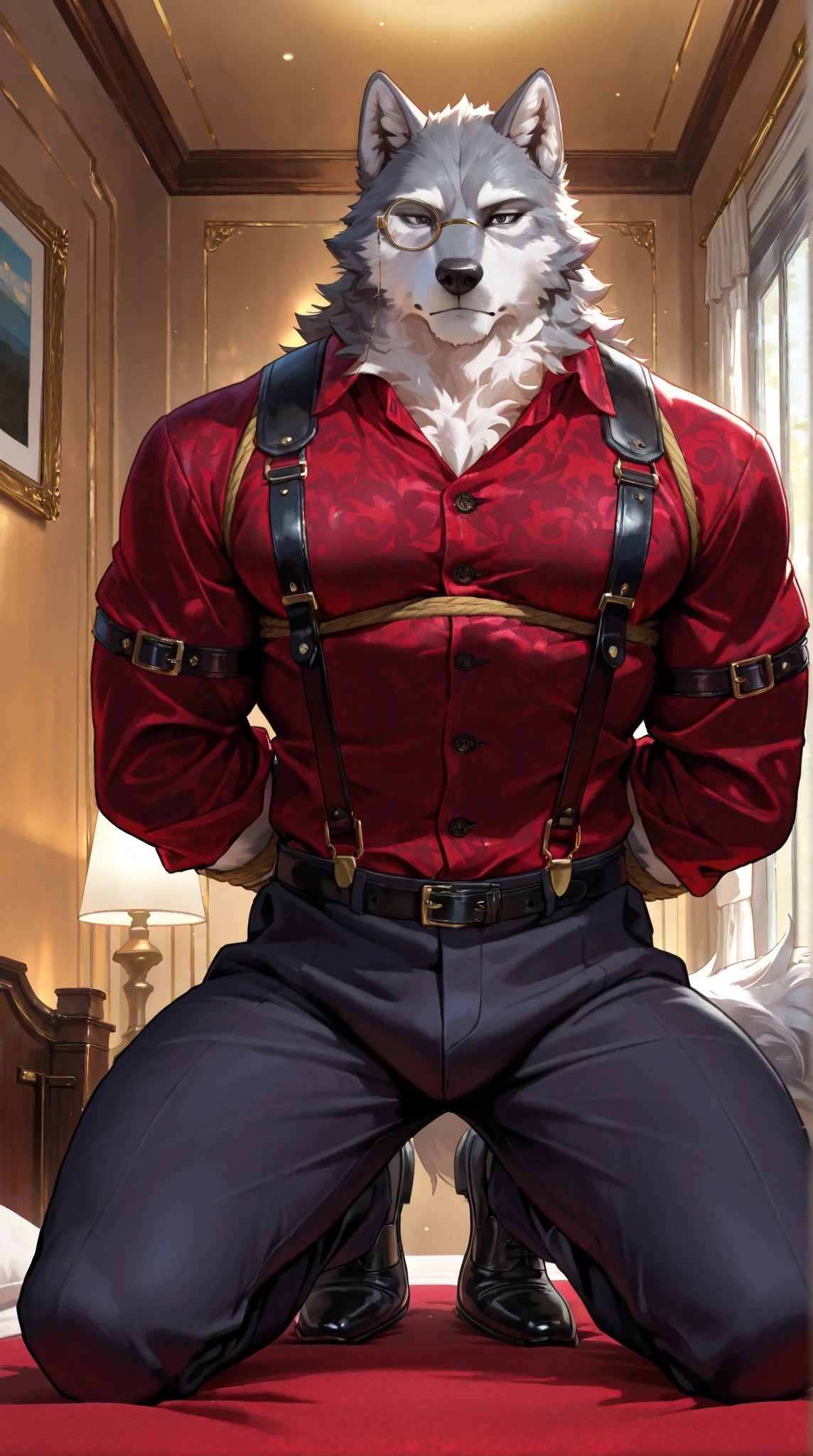 {{bara extremely handsome white tiger,}} {{white fur,}} white, wearing military like purple trench coat, purple trousers, white dress shirt and necktie, white fluffy furry body and limbs, loafers, very tall, very broad shoulders, narrow waist, muscular arms, massive pecs, purple eyes, very long legs, sitting on swivel chair with legs spread, from below perspective, massive bulge, sophisticated hot look, sexy pose, full body, sunlight casting over, 3/4 view, best quality, high quality, silver earring on left ear, sultry smirk