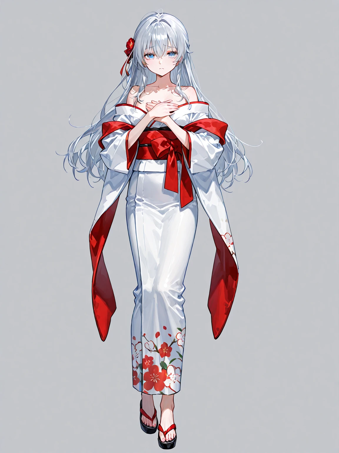 score_9, score_8_up, source_anime, 1girl, solo,The image shows another character design from a video game or animated series. This character is a young woman with short white hair adorned with cat-like ears and a red bow. She is wearing a colorful, traditional Japanese outfit, featuring a red and pink kimono with floral patterns and a large bow at the waist, is dressed in white socks and wooden sandals, which add to her traditional appearance. Her overall look suggests she may be a shrine maiden, a magical girl, or a character inspired by Japanese folklore..(bound wirsts), (arms behind back), (tapegag, tape gag), dramatic,  (looking at viewer), (detailed pupils:1.3), ,red rope, thick rope,normal breast,full body 
