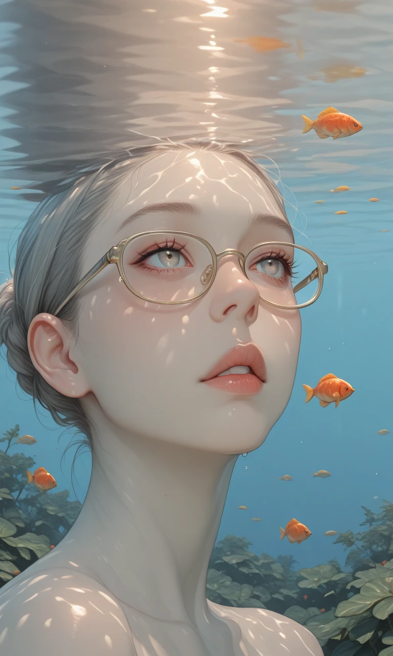 Photo taken upwards below the figure, mature woman, 1girl, short hair, glasses, underwater, sea, open arms, woman face facing the bottom, facing the camera, dazzling underwater shimmer, (tropical fish), (pale skin: 1.2), swimsuit, detail painting, bioluminescence, 8K, high texture