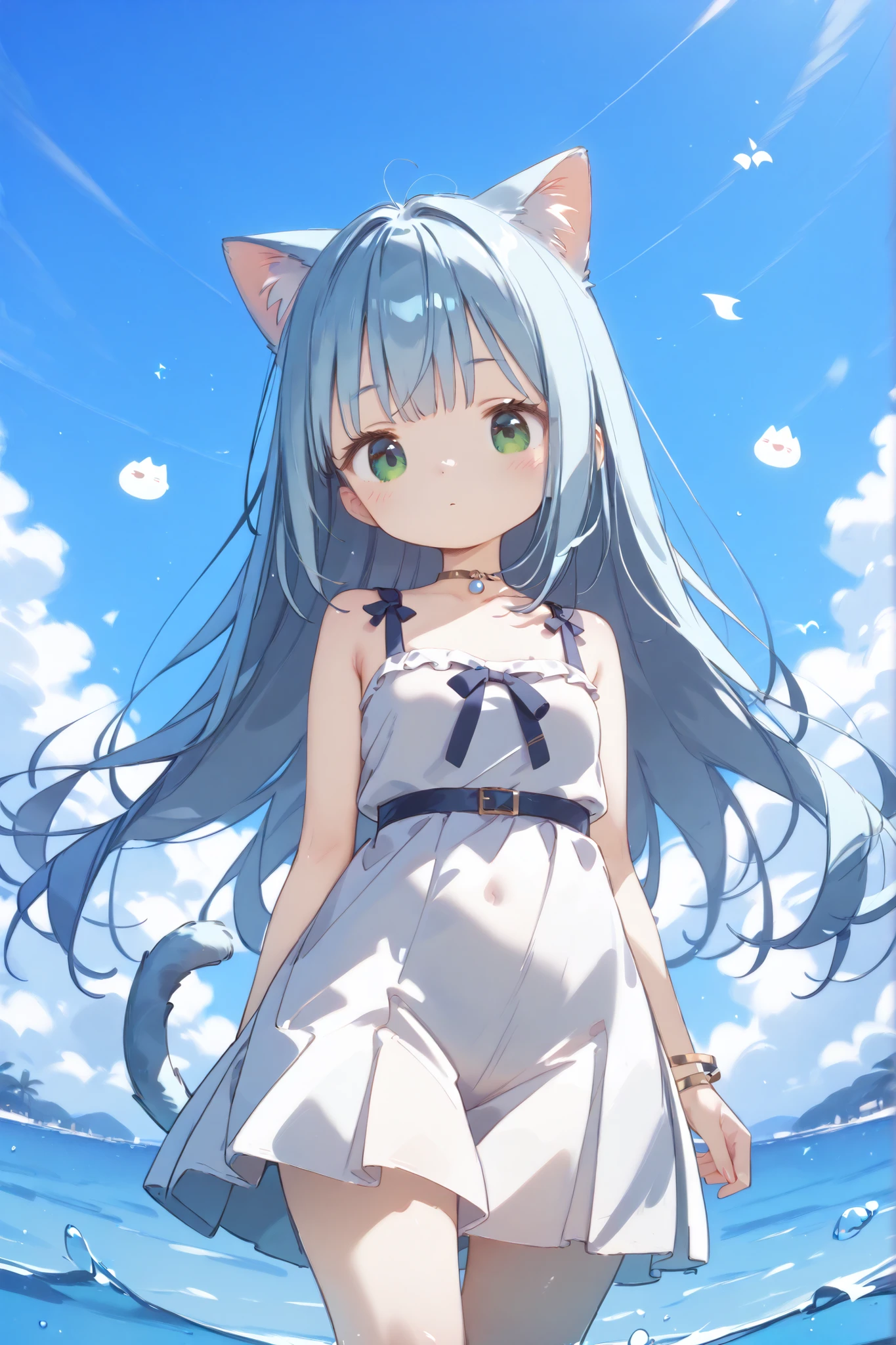 high definition for 1 woman only、High Quality、8k、4k、1 girl、little girl、Little girl、Blue hair、green eyes、big boobs、immature limbs、Babyface、Cat ears、cat tail、white nightdress、In the sea、fantastic、close both eyes、sleeping、Floating Feeling、Let's stay