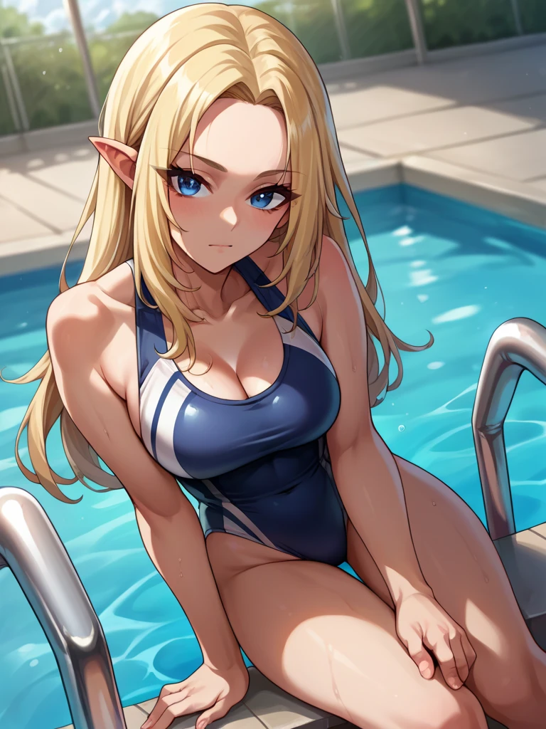 ((Highest quality)), ((masterpiece)), (detailed), 1 Beautiful Elf Woman, Smiling a little,In the pool, innertube