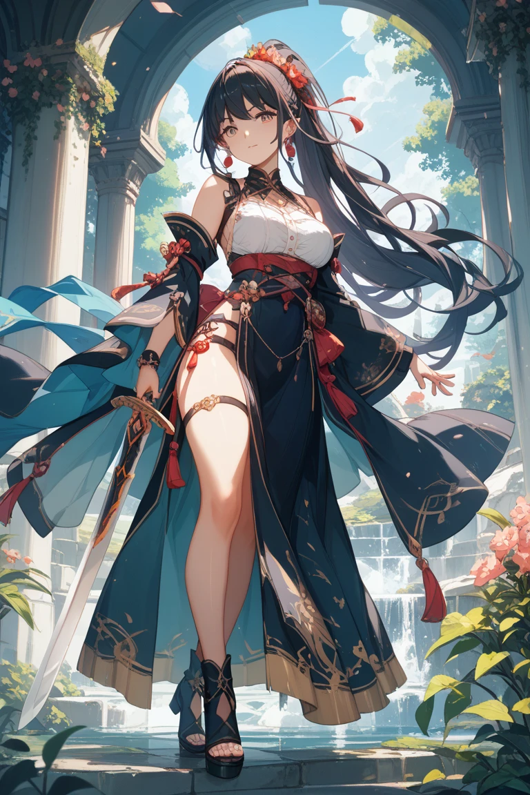 long hair, black hair, medium breast, slim legs, happy, bluish gown, cleavage, arabian belly dancer , short skirt, rin tohsaka, twin tail, navel, garden, blue eyes, tiara, standing, thigh high socks, sunlight