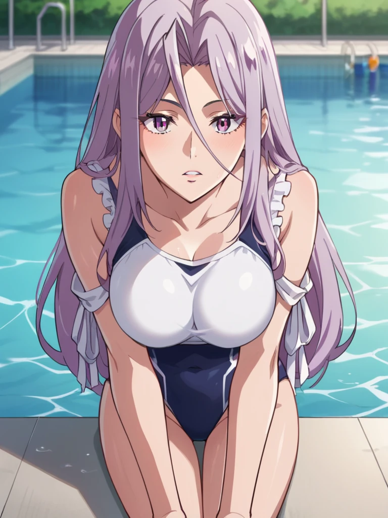 miyakoshikimori, miyako shikimori, long hair, blue eyes, hair between eyes, big breasts, pink hair, BREAK wear light pink bikini, BREAK looking at viewer, BREAK indoors, indoor swimming pool, BREAK (masterpiece:1.2), best quality, high resolution, unity 8k wallpaper, (illustration:0.8), (beautiful detailed eyes:1.6), extremely detailed face, perfect lighting, extremely detailed CG, (perfect hands, perfect anatomy), vivid colours, vivid, big breasts, 