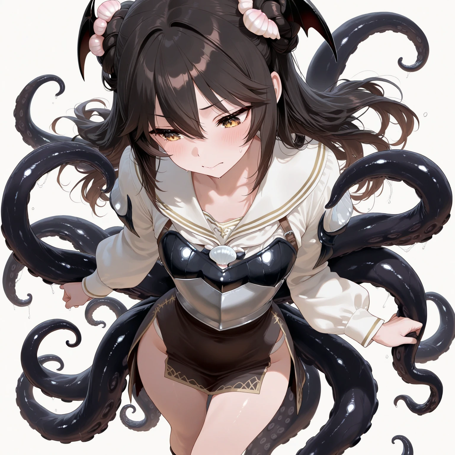 one-girl、Obscenity、Lots of detail、Small head、The background is complex，Purple shorthair、Big orange eyes、Red blush、Tears、Tongue stock、Desperate look、teary，Milky white liquid，Huge octopus,Tears、Long dress，The tentacles are wrapped around the crotch、Tentacles grasp the buttocks、Under the water、20+tentaculata，There are many smaller eyes on the tentacles，Black Castle Background，Octopus tentacles，The tentacles are covered with eyes，Tentacle Girl，Lots of details，monstergirl，Under water，wonderful dress，dark castle background，black lence stockings，Tentacles wrap around the body，The body is wrapped in many tentacles