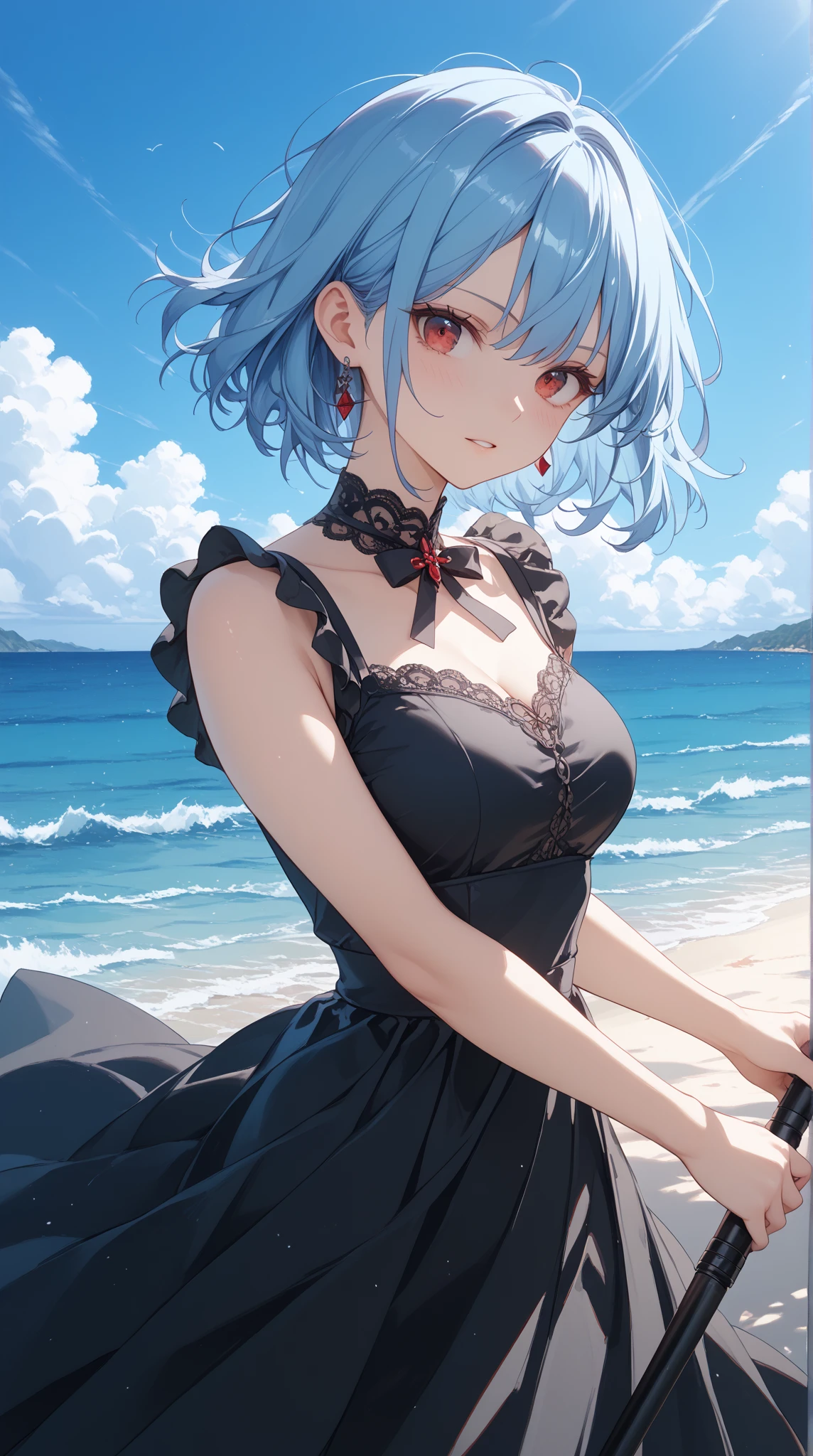 rezeroRem, Rem, blue eyes, Blue Hair, hair ornaments, Hair on one eye, Hair Ribbon, short hair, x hair ornaments,Straw hat,,happy smile, smile, Open your mouth,blush,RED SHIRT,Bikini under clothes,barefoot,barefoot,walking,whole bodyがイラストに入るように,
break outdoors, Beach,Sandy Beach,
break looking at viewer, whole body,
break (masterpiece:1.2), Highest quality, High resolution, unity 8k wallpaper, (shape:0.8), (Beautiful attention to detail:1.6), extRemely detailed face, Perfect lighting, extRemely detailed CG, (Perfect hands, Perfect Anatomy),