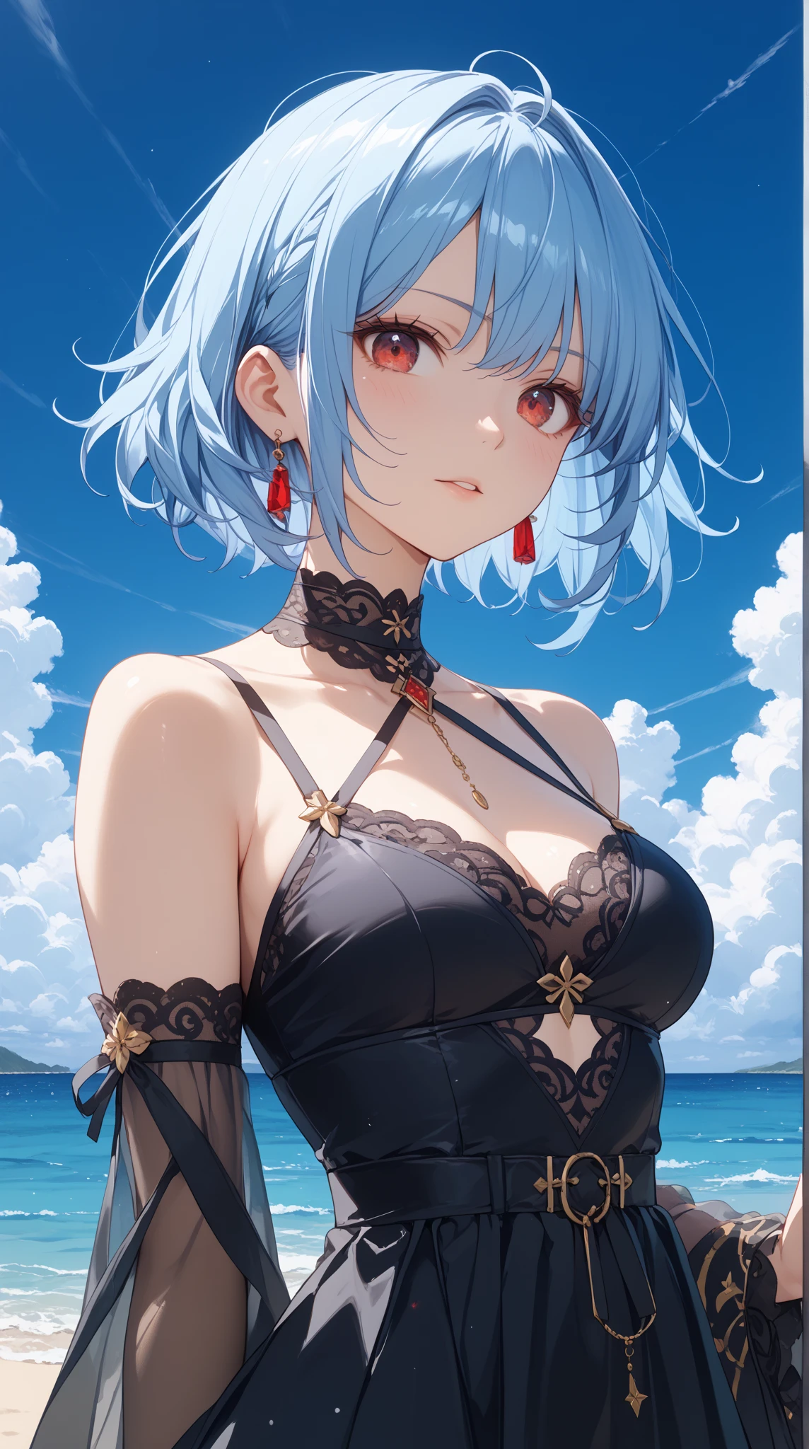 masterpiece, best quality, short hair, red eyes, heterochromia, close-up, dynamic range, outdoors, window, wind, sunset, large breasts, navel,