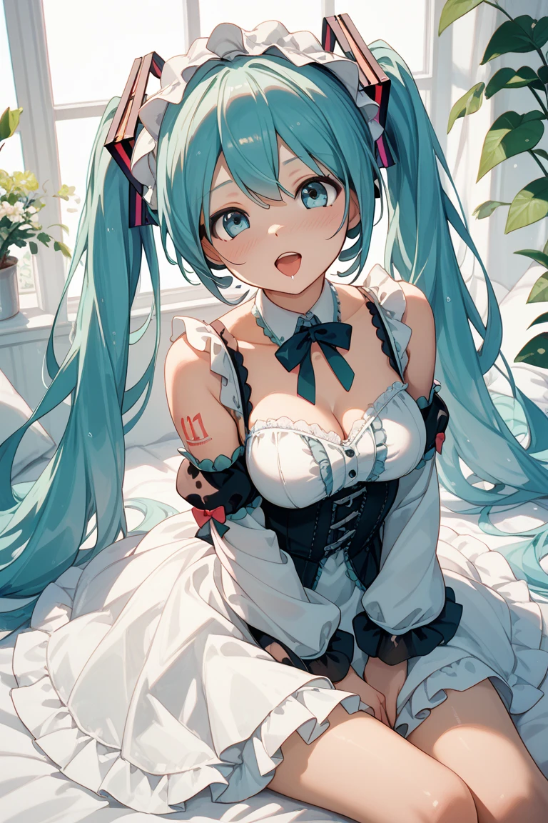 (1 girl),(high quality), (High resolution), (extremely detailed), (8K),(focus on lower body),(CG)、goddess of the sea、goddess outfit、transparent costume、blue dress、Magic Mentor、sexy panties、(black knee high stockings:1.2)、nipple shape、No shoes、neutral white lighting,sexy pose、showing panties、Hatsune Miku、Sitting with your back to you、fantasy world