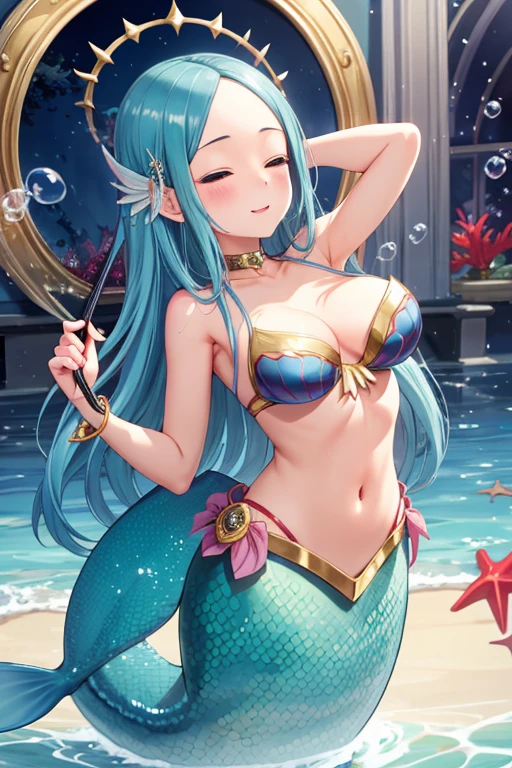 beautiful illustrations, highest quality, pretty girl, seaside、 pastel colour ,golden long hair, green eyes、between legs、smile、blush、big breasts、hands behind、mermaid、Fish fin