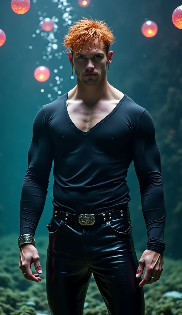 In a dark, cinematic setting, the camera zooms in to reveal Daniel Radcliffe as Wolcerine, his physique chiseled and muscular. The 8K resolution highlights every detail of his transformation, with bulging veins and a fierce expression. The close, wide shot captures the intensity of the character, bringing out the photorealism in this dramatic cinematic scene.