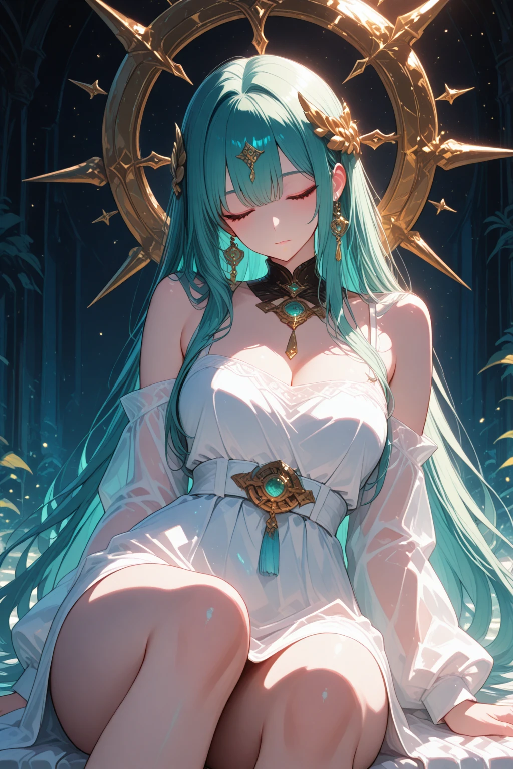 (girl1), (anime), white, with long green hair, jade green eyes, an 18 year old woman, with white stockings and a sexy dress, wearing a heroine costume consisting of a white sleeveless swimsuit with purple details and a yellow crescent moon on his chest. She also wears purple high boots, white gloves with spikes and metal plates on her waist and feet, look at her (breast size, they are size AAAA+:1.5),+,(Wearing three gold and glittering necklaces around her neck:2.0)