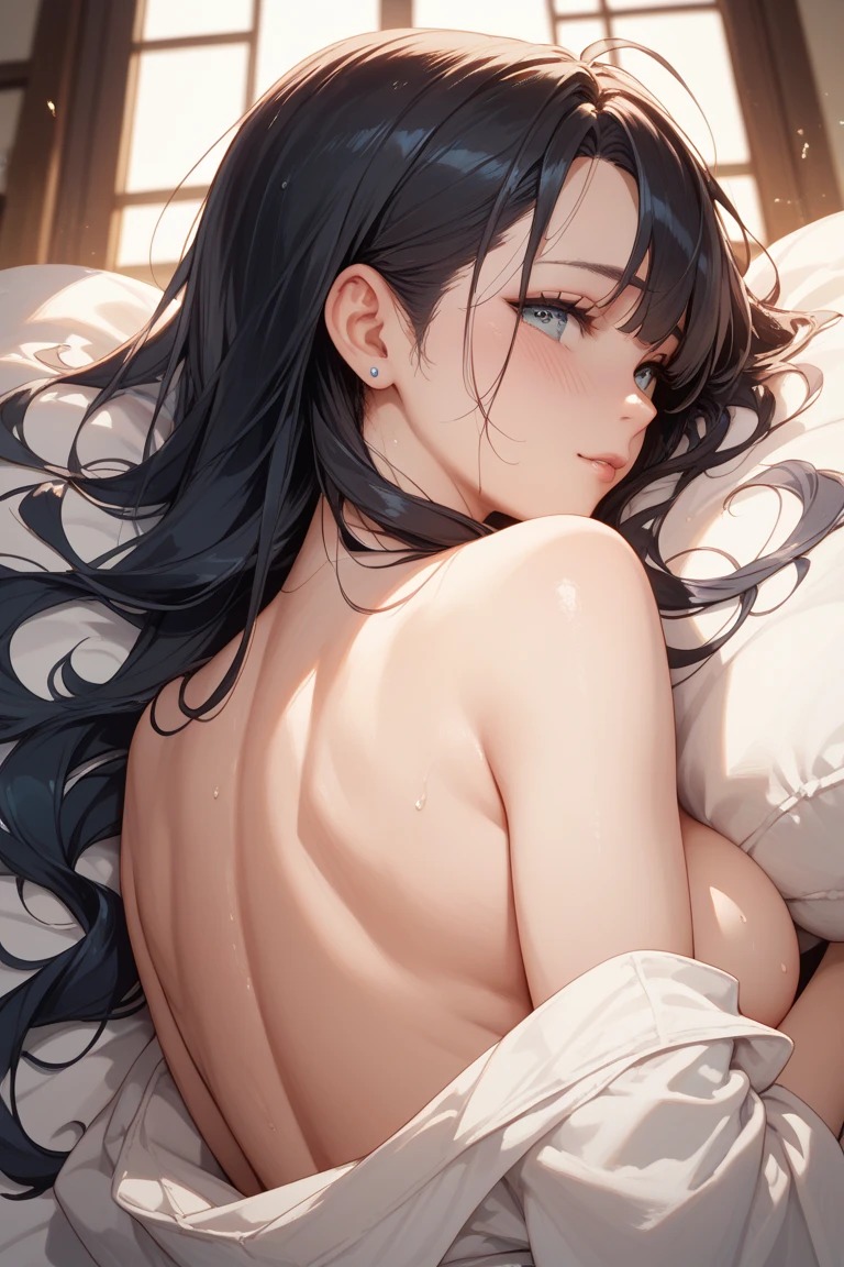 (best quality, ultra-detailed, photorealistic:1.37). A stunning 3D render of an Asian anime woman with large breasts and with an attractive, perfect slim fit body, fully nude. Visible nipples and pubic hair. Her long wavy hair flows down her back, and she has dark, dramatic makeup. Posing at the photo studio, she exudes allure and sesnsuality. The colors and lighting in the illustration are vibrant and brilliant, capturing the essence of high-end elegance and sophistication., anime, 3d render, illustration