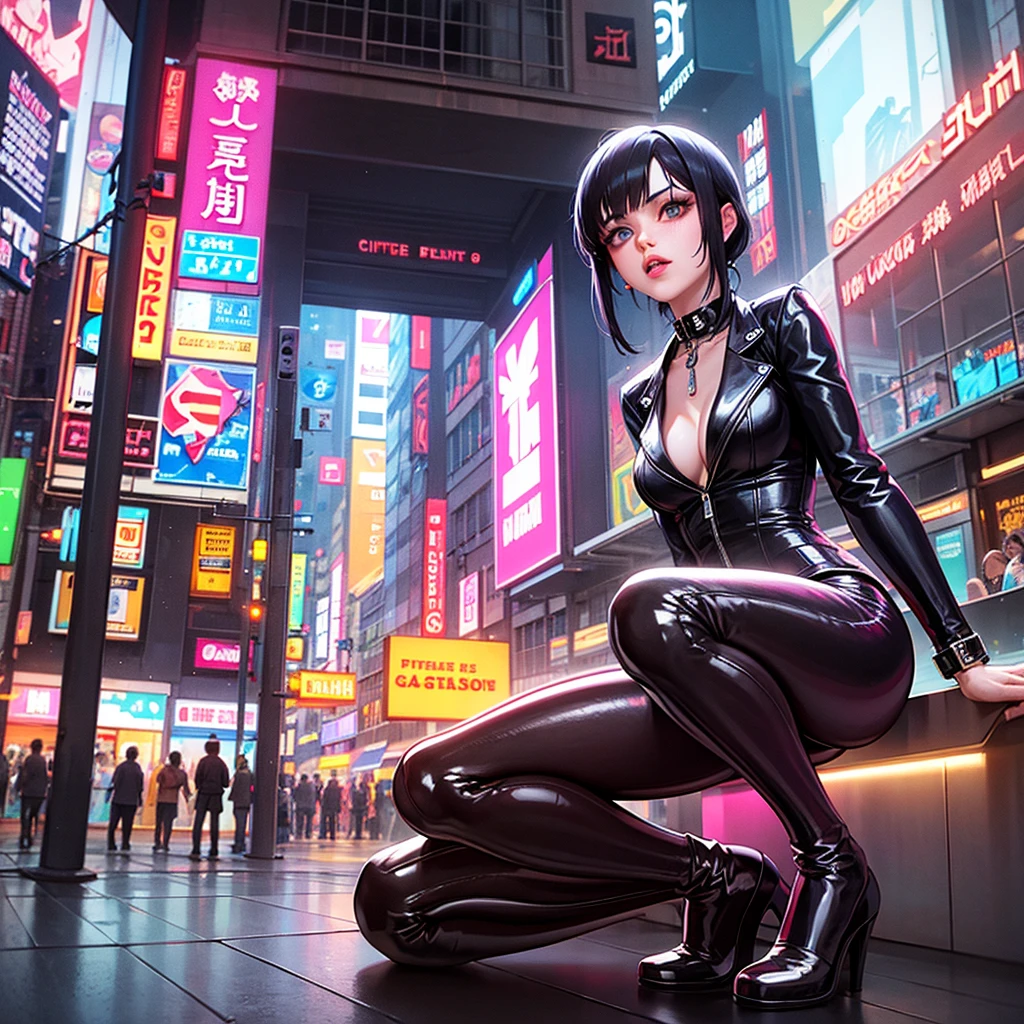 (Wide angle view). "ghost in the shell" film inspired futuristic Tokyo city, simple outlined neon tall buildings, (OLED holographic portrait on buildings), glowing giant clock tower, 1drone, lightning, 3D rendering Beeple. At night, (1girl, solo, alone), photorealistic, medium-breast slim:0.6 body, oval:0.5 face, cleavage:1.1, sexy costume with deep-v, low view pleated miniskirt, glove, (Matrix style black micro sunglasses), ((aiming viewer with a short gun)), (running pose), (half-body thigh level close-up shot), cinematic lighting, ray tracing.