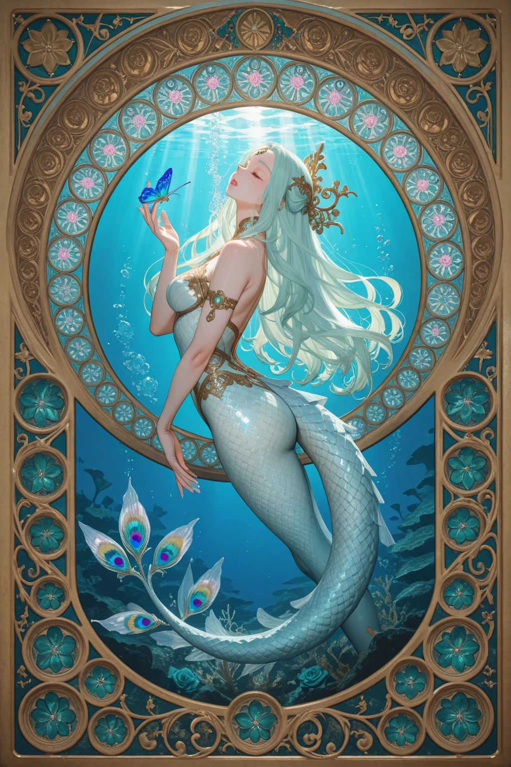 violet evergarden, mermaid, underwater, masterpiece, best quality, 1girl, solo, blonde hair, long hair blue eyes, extra large breasts, bra, looking at viewer, green mermaid tail,