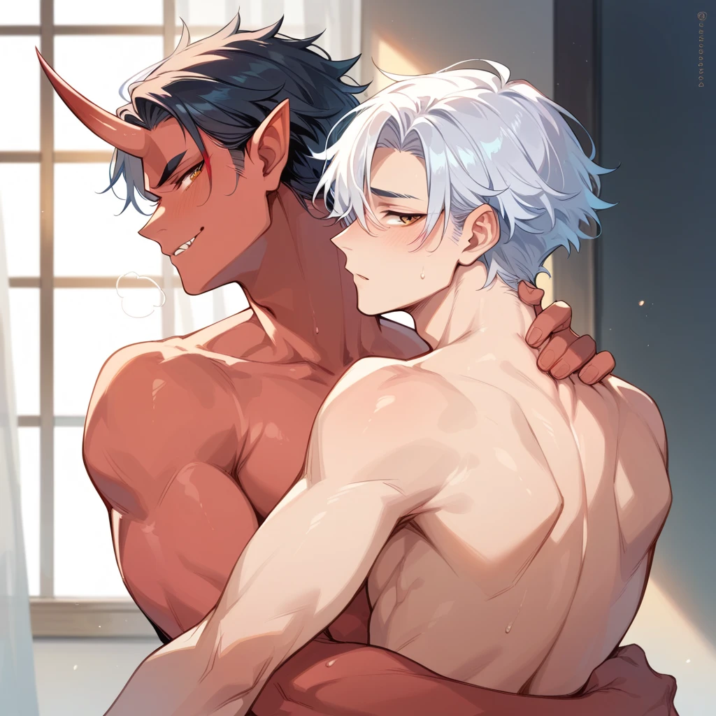 2 sexy demon boys kissing, with horns and pointy ears flexing his sweaty body, shirtless, smirking