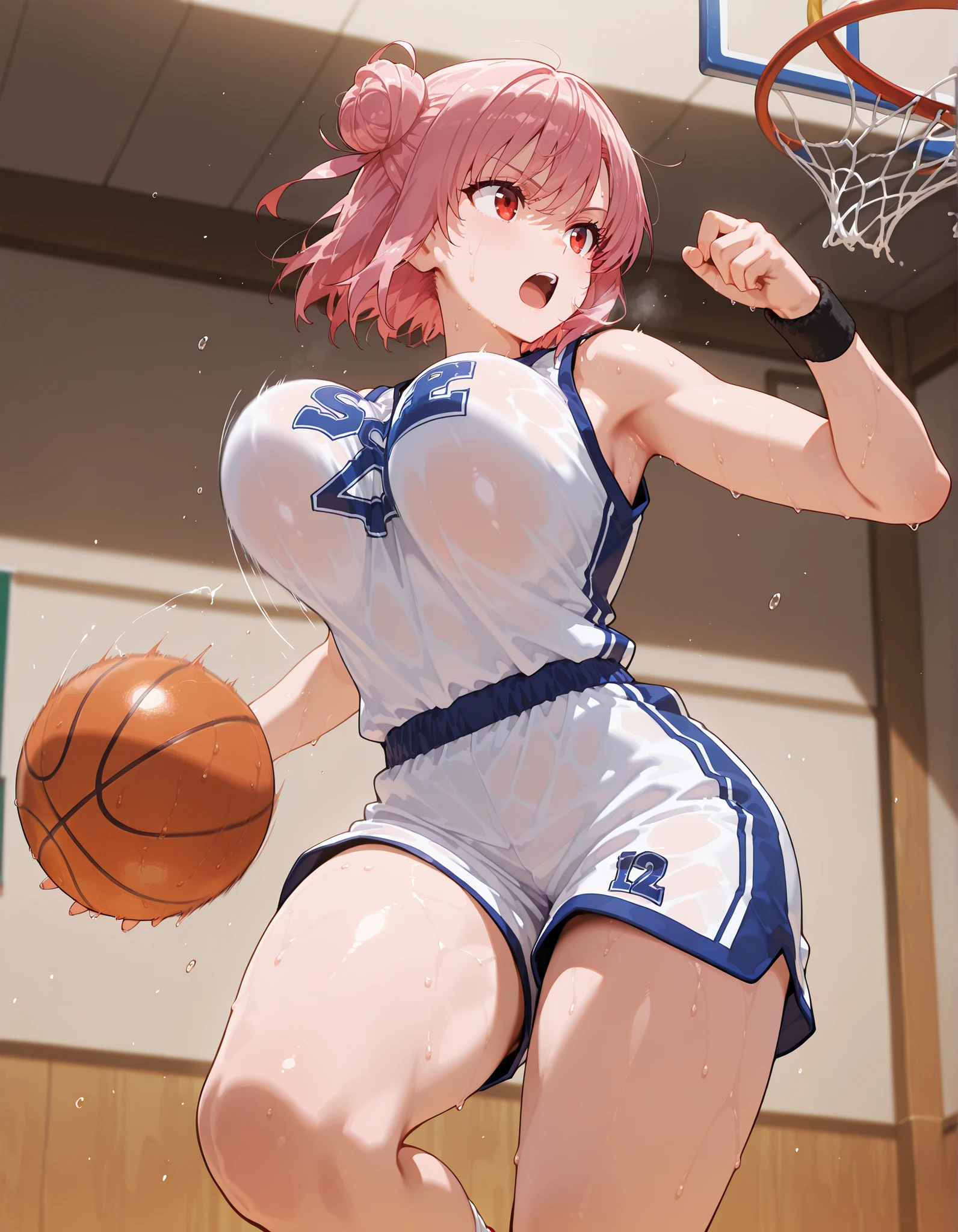 score_9, score_8_up, score_7_up, score_6_up, score_5_up, score_4_up, top quality, masterpiece,
solo, 1girl,
yui yuigahama, short hair, pink hair, single hair bun, red eyes,
(soft boob, bouncing , motion blur:1.1),
serious, (sweat:1.2),
open mouth,
<lora:basketball-dribbling-illustriousxl-lora-nochekaiser:1>, basketball dribbling, dribbling (basketball),
solo, shirt, holding, shorts, sleeveless, looking to the side, feet out of frame,
black wristband, white sportswear, holding ball, basketball (object), basketball,
white basketball uniform, thighs,