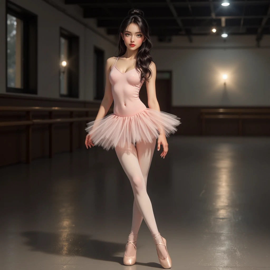 Splitting characters is prohibited,(Full body shot:1.3), Must show your face, anatomy correct, Dance ballet on top of the mountain,Stockings are mandatory, Ballet costumes of any color,Pink tones, A shallow laugh, Complex and diverse backgrounds,Strangling effect,hyper HD, Ray traching, structurally correct, Award-Awarded, high detal, lightand shade contrast, Face lighting,cinmatic lighting, tmasterpiece, super detailing, high high quality, high detal, best qualityer, 16k
