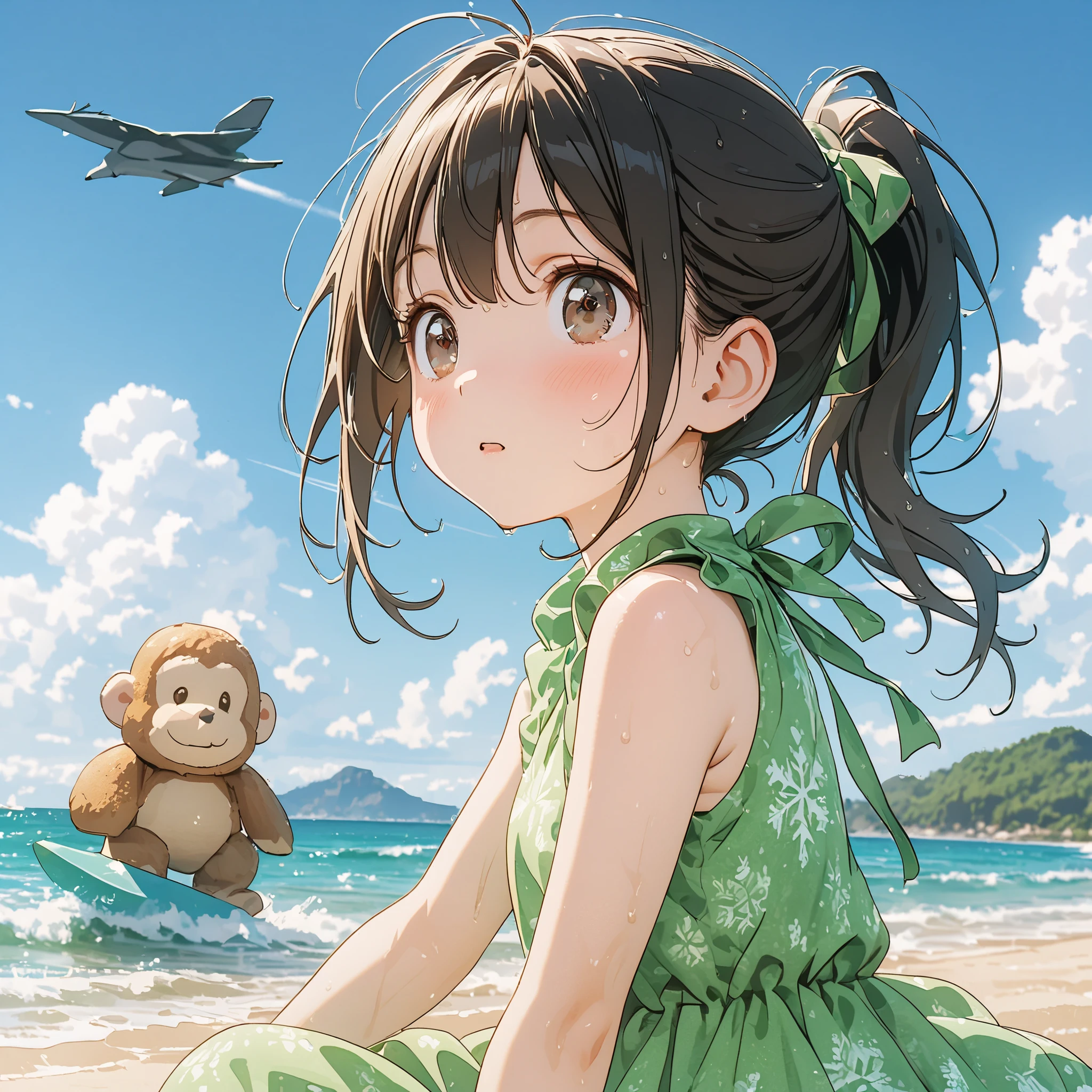 Super Details, 8k, Nice, Bright,Cute Girl、dark hair long hair、ponytail、brown eyes、beautiful eyes、sleeveless dress with a green snow pattern、Seaside、is basking in the wind、sweaty、strong sunlight、summer