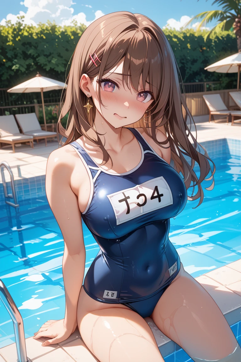 masterpiece,best quality,highres,illustration,hyper detailed,8k cg wallpaper,ray tracing,((brown hair:1.2)),((purple eyes:1.1)),((long hair:1.1)),straight hair,medium breasts,<lora:å¢å ç´°ç¯>,(hiten1:0.8),heart hands,<lora:Concept_HeartShapedBoob:1>,standing,school swimsuit,wading,pool,smile,