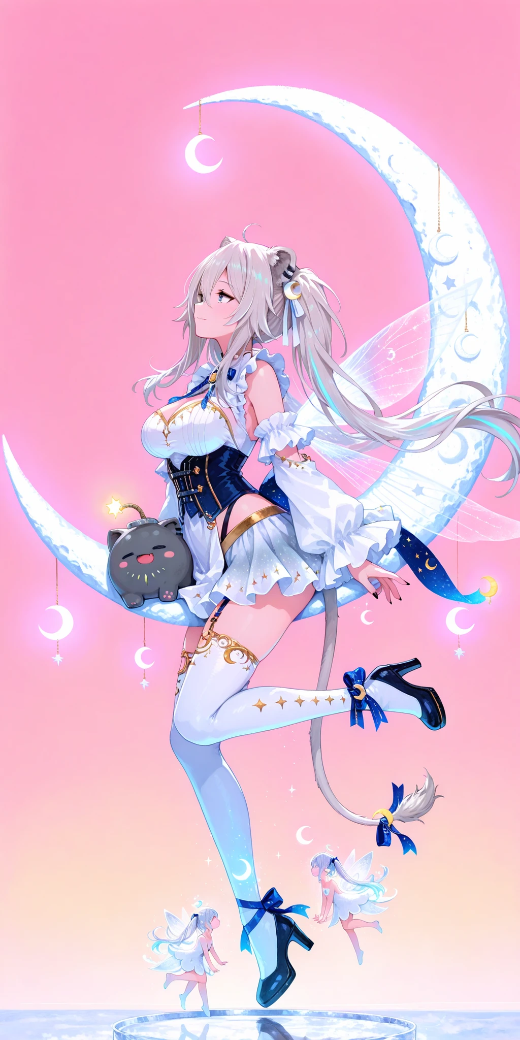 best quality,High Resolution, Masterpiece, HD, High Details, Super Detailed, shishiro_botan,shishiro_botan_(5th_costume),ssrb_(shishiro_botan),absurdres,commentary,highres,animal_ears,between_thighs,breasts,cleavage_cutout,clothing_cutout,corset,crescent_moon,detached_sleeves,dress,frilled_sleeves,frills,from_side,full_body,grey_hair,hair_lift,hair_ribbon,hanging,high_heels,highleg,large_breasts,leg_up,light_smile,lion_ears,lion_girl,lion_tail,long_hair,looking_at_viewer,moon,multicolored_hair,pink_background,ribbon,sidelocks,simple_background,streaked_hair,tail,tail_ornament,tail_ribbon,thighhighs,turning_head,twintails,virtual_youtuber,white_dress,zettai_ryouiki,(floating,riding on crescent moon,surreal fairy tale illustration riding the Model of white crescent moon,from side,glass foreground,bend back,leg up:1.3),(Thigh straddling on crescent moon,:1.3),(glowing white crescent moon Model,:1.3)