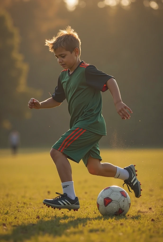 Create a profile picture of a boy playing football and add original, clearly visible Nike Air Zoom football boots white with red Air swoosh and has the foot on the ball. He has light brown hair and is styled to the side.