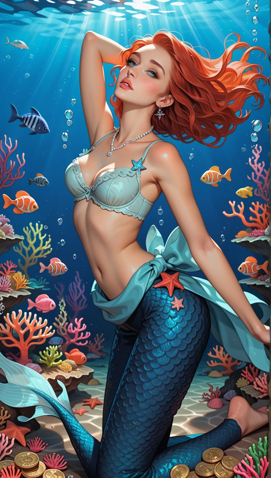 A beautiful gorgeous mermaid under the sea playing with fishes the sea is filled with corals and colourful fishes 