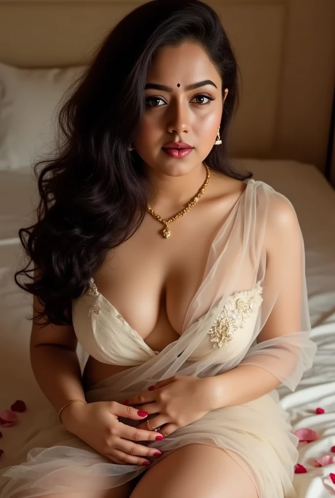 night scene, extreme close up photo of maya ali, sitting in bed, deep cleavage, open arms, necklace, red lips, bindi, white bridal bra and saree, seductive eyes, French braid hair, bangles, jewellery, milk glass, ornaments, erotic, sultry, look at viewer and smile, (cinematic:1.3), intricate details, (ArtStation:1.2) big breast nipples nice clevage red lips sexy body