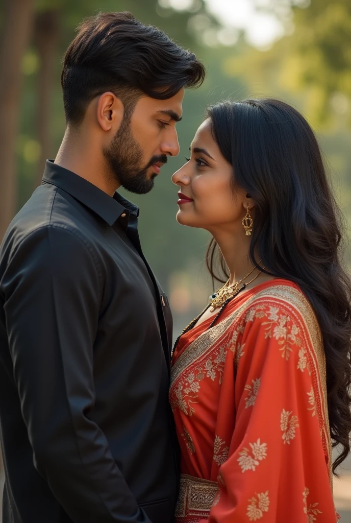 20 year old Indian girl is wearing her red saree and she is crying with her girlfriend chest. Behind him, there is a blurred background with a green garden containing tree and bird, indicating a professional or conference setting. The overall scene is vibrant and dynamic, capturing the energy of a live presentation.