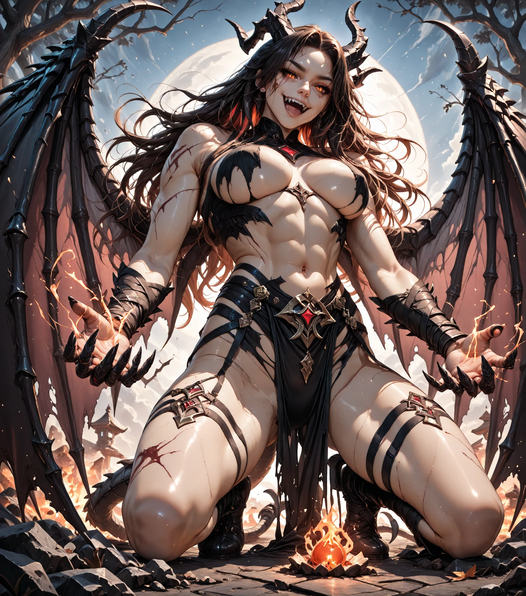 1girl,solo,super detailed skin,shiny skin,wet oily skin,expressionless,majestic wings,majestic devil tail,demon scaly skin, detailed eyes,eyelashes,lips gloss,majestic horns ,large breasts,beautifully shaped breasts, (abs:0.7),stomach_tatoo,vibrant colors,wide shot,flying in the sky,magic circle,masterpiece,best quality,ultra detailed,high resolution,sharp focus