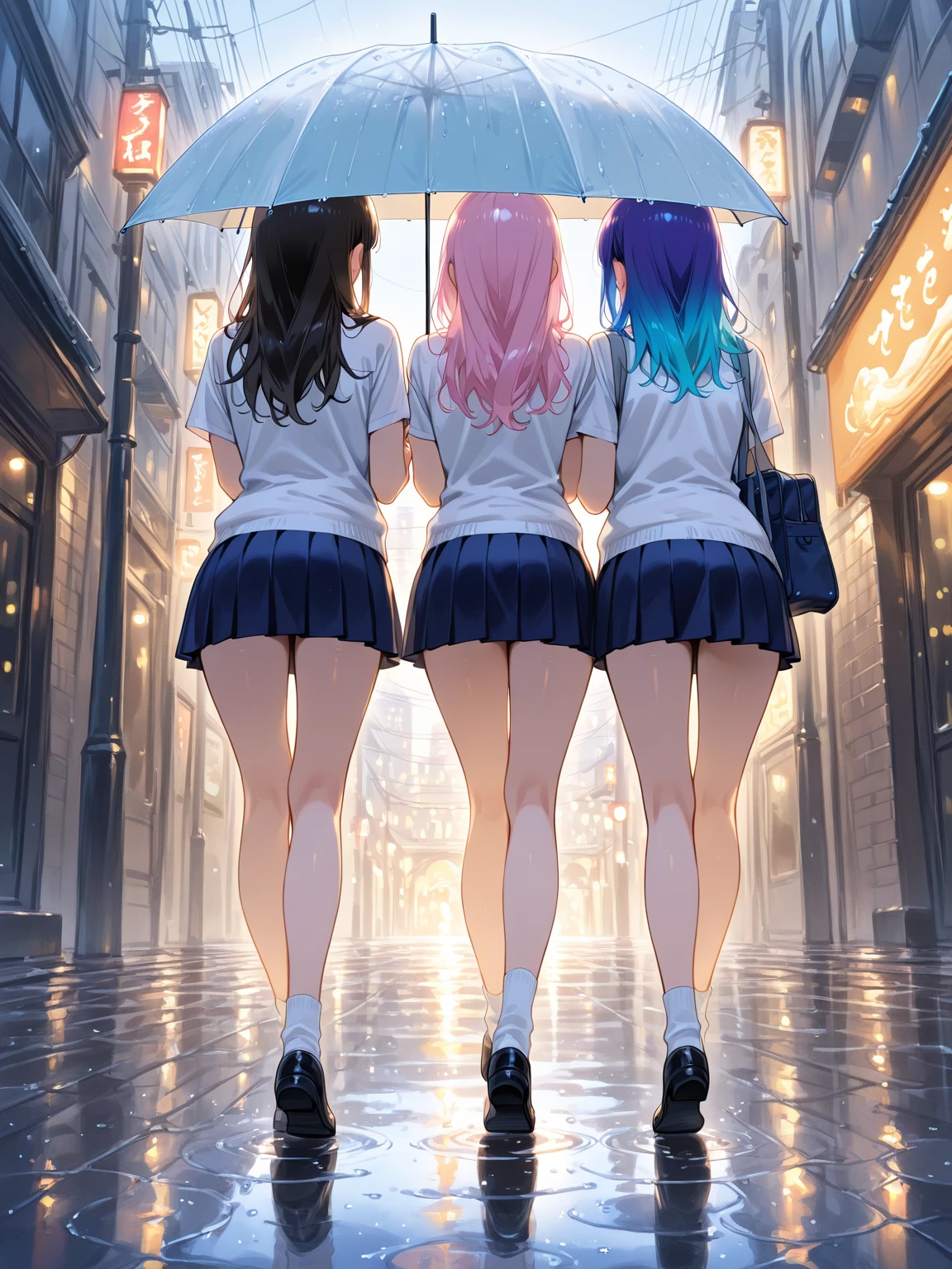 ((Highest quality)), ((masterpiece)), (High resolution), 8k, Best Shadow, The best natural light, Cinematic, (Back view of four adult women walking in the city:1.3), (Brown Hair, Stylish hairstyle), (Navy blue sailor collar、Fashionable white shirt, Sailor suit, Navy Pleated Skirt, Navy blue socks:1.3), Angle from the rear, (peaceful cityscape, Cityscape, Akihabara-like streetscape, Ventilation holes at the feet, Sidewalk, Lots of people in the background々:1.3), (A strong wind is blowing up from the ground, flipping up her skirt and revealing her panties:1.4), (Sexy and cute white satin panties, Sexy and cute light blue satin panties, Sexy and cute pink satin panties:1.4), Slender body,Beautiful thighs, Embarrassed look, Perfect lighting, Perfect Shadow, (Exact finger count、Exact number of legs、(Exact number of arms, Exact number of hands, Perfect hands, Perfect Anatomy), Chizuru, mami, Hand, sumi
