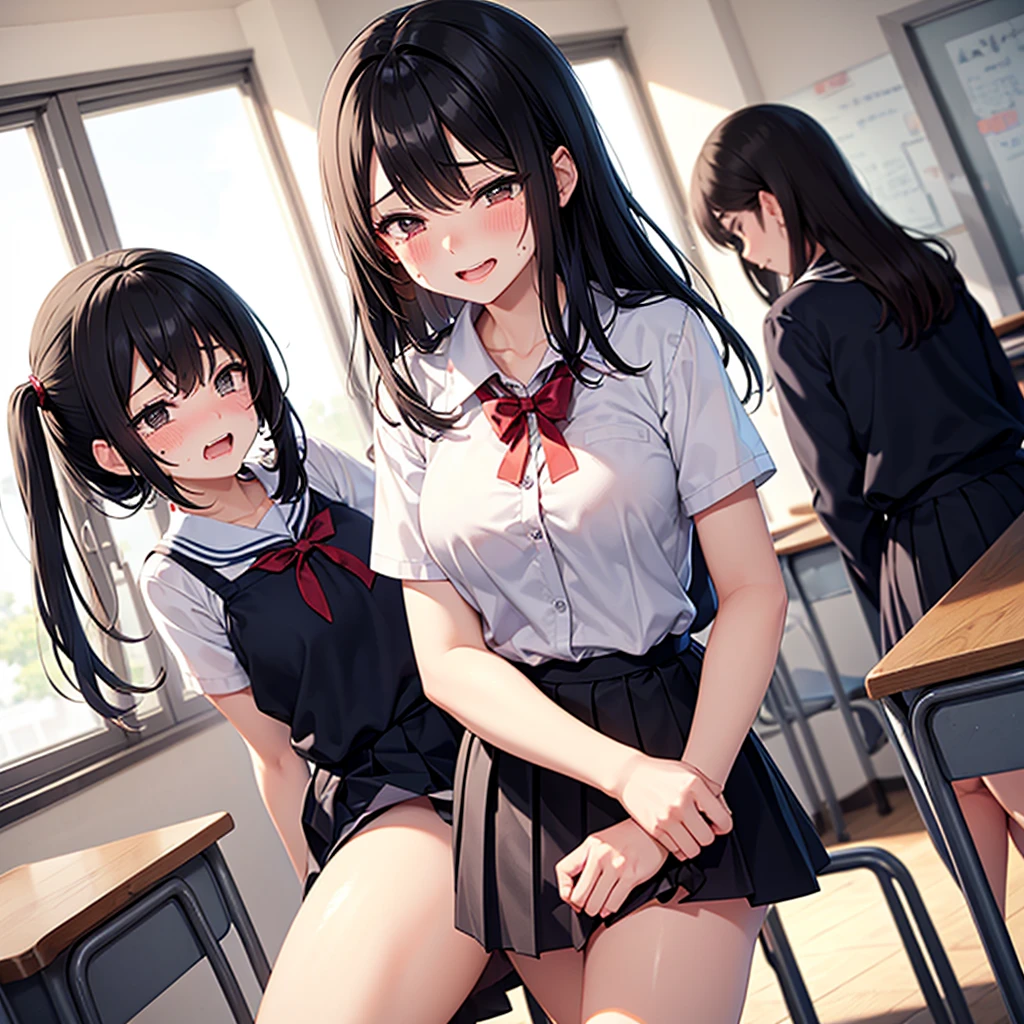 ultra-detailliert, Best Quality, High resolution, ((3 cute girls)), catch light eyes、Looking at Viewer, pale skin, Petite,( maid clothes)、(Bottomless)、 (A dark-haired)、(flat chest), (Glasses), (blush:1.2), Blue eyes, An embarrassed smile, NSFW, knees up、a bed、Spread your legs apart、Focus on the face、Seated couple, (Long hair)